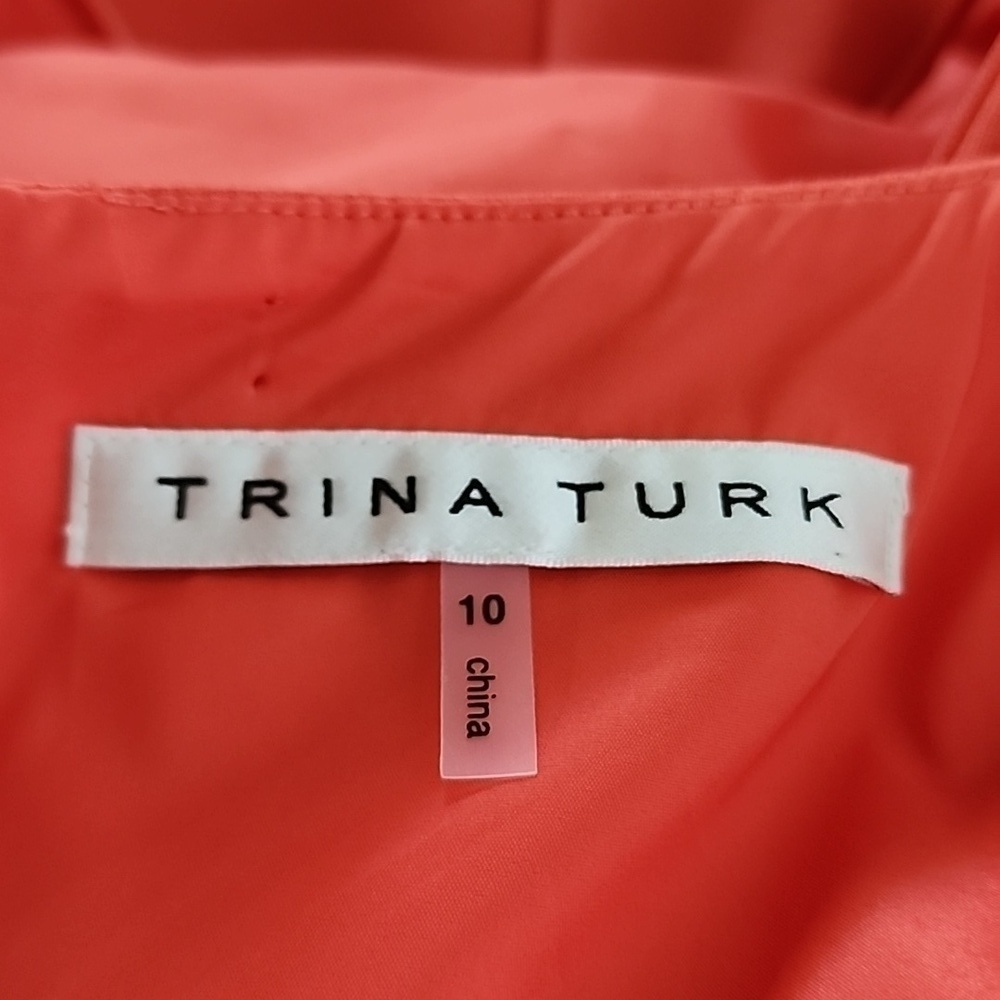 Trina Turk Coral Orange Midi Dress with Ruffle Sleeves Size 10 - Picture 11 of 13
